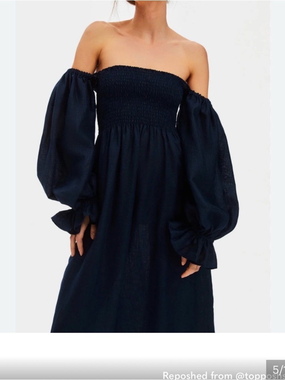 Sleeper Navy Off-Shoulder Smocked Maxi Dress with Balloon Sleeves